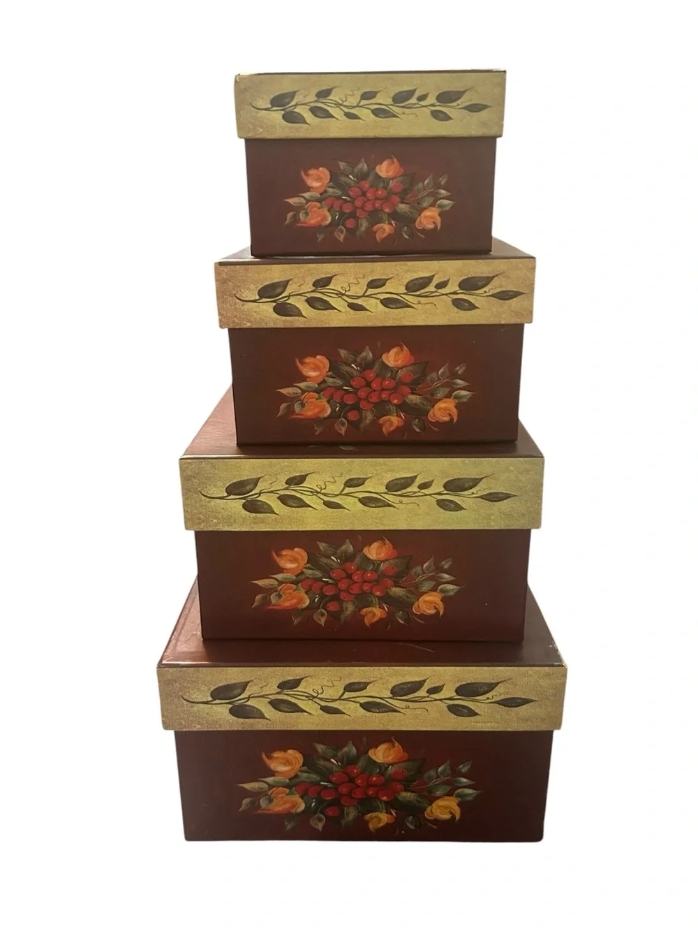 stack of four vintage Cottagecore decorative nesting boxes
